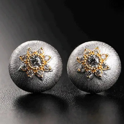 LOVCIA Gold-Plated Sterling Silver Stud Earrings for Women with Brushed Finish and Zirconia