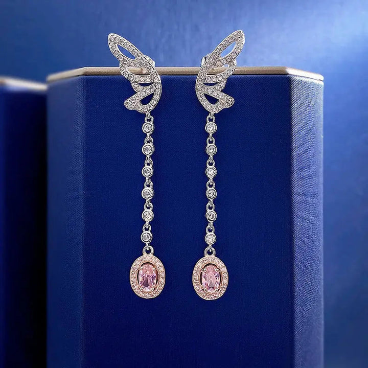 LOVCIA Sterling Silver Butterfly Wing Pink Crystal Drop Dangle Earrings for Women