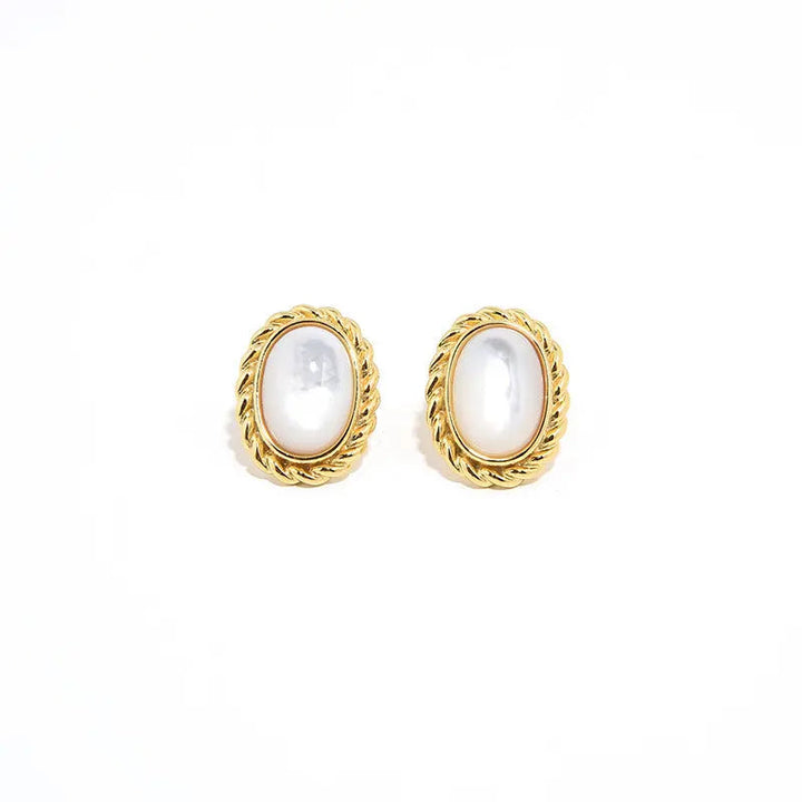 LOVCIA French Vintage S925 Silver & Gold-Plated Oval Earrings with Agate and White Shell LOVCIA