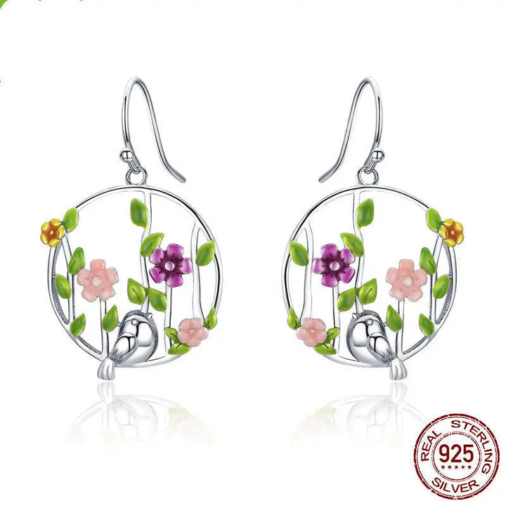 LOVCIA Garden Story Bird Sterling Silver Hoop Earrings for Women