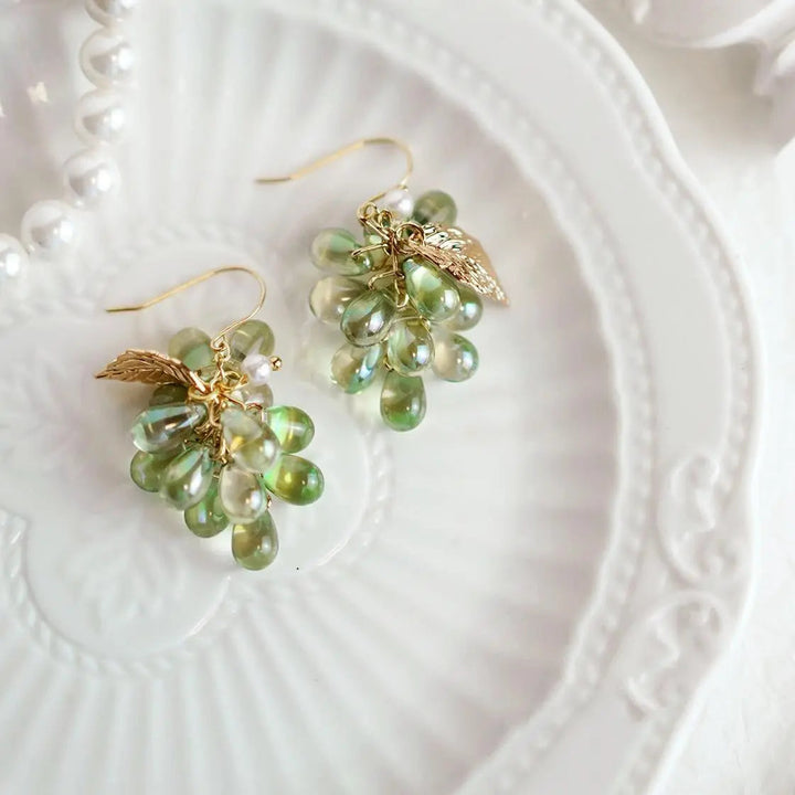 LOVCIA Vintage Style Green Grape Earrings with Gold-Plated Ear Hooks