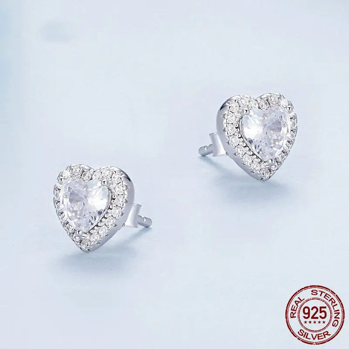 LOVCIA Sterling Silver Classic Heart Stud Earrings for Women with Shining Zircon Crystals LOVCIA