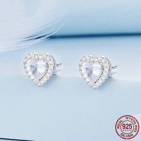 LOVCIA Sterling Silver Classic Heart Stud Earrings for Women with Shining Zircon Crystals