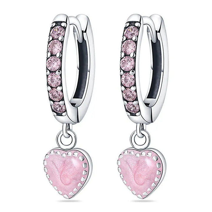 LOVCIA Minimalistic Pink Crystal Love Heart Sterling Silver Hoop Earrings for Women LOVCIA