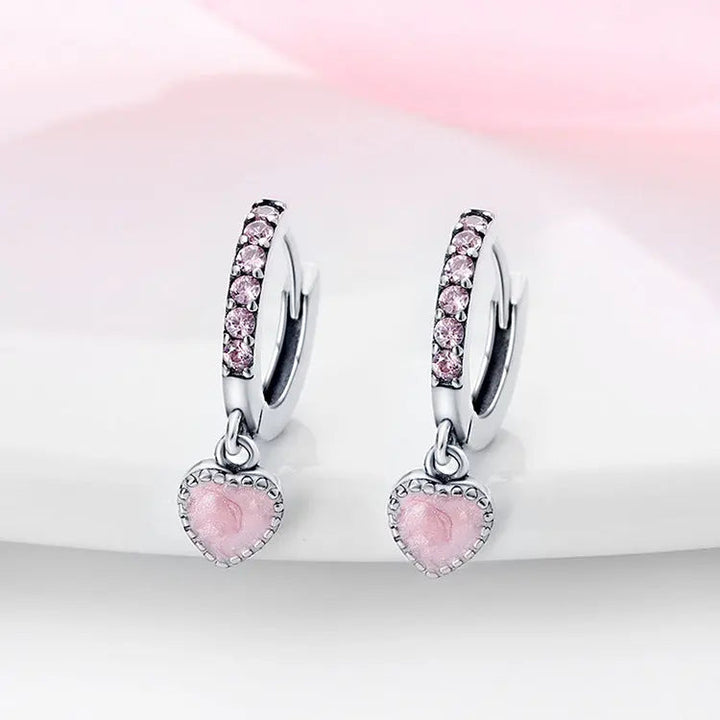 LOVCIA Minimalistic Pink Crystal Love Heart Sterling Silver Hoop Earrings for Women