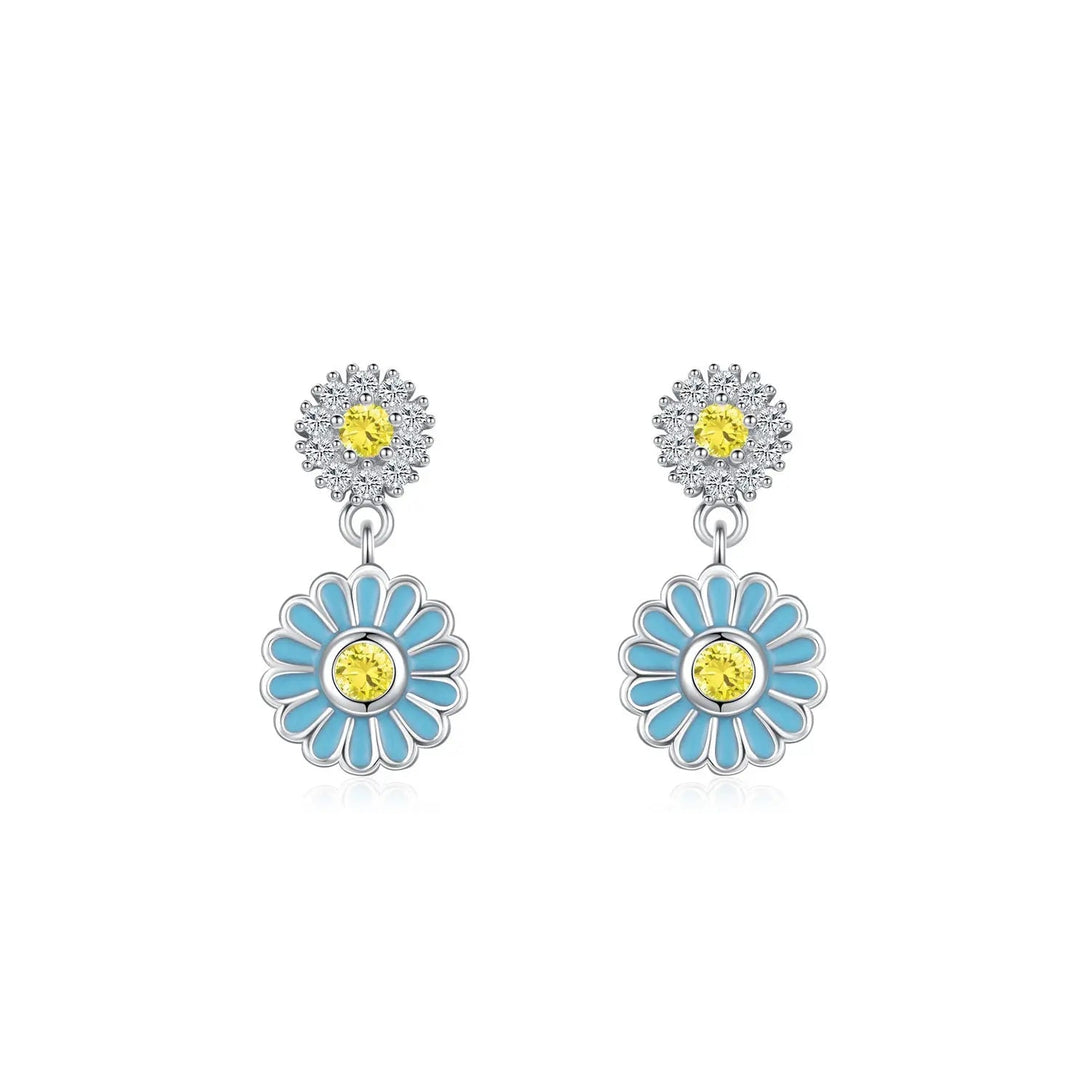LOVCIA Elegant 925 Sterling Silver Blue Enamel Flower Earrings with Micro Rhinestones LOVCIA