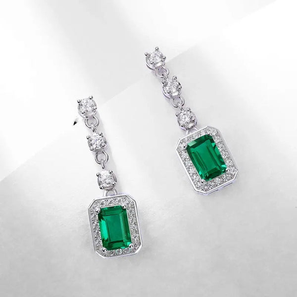 LOVCIA Emerald Radiance Sterling Silver Drop Earrings for Women with Crystal Accents