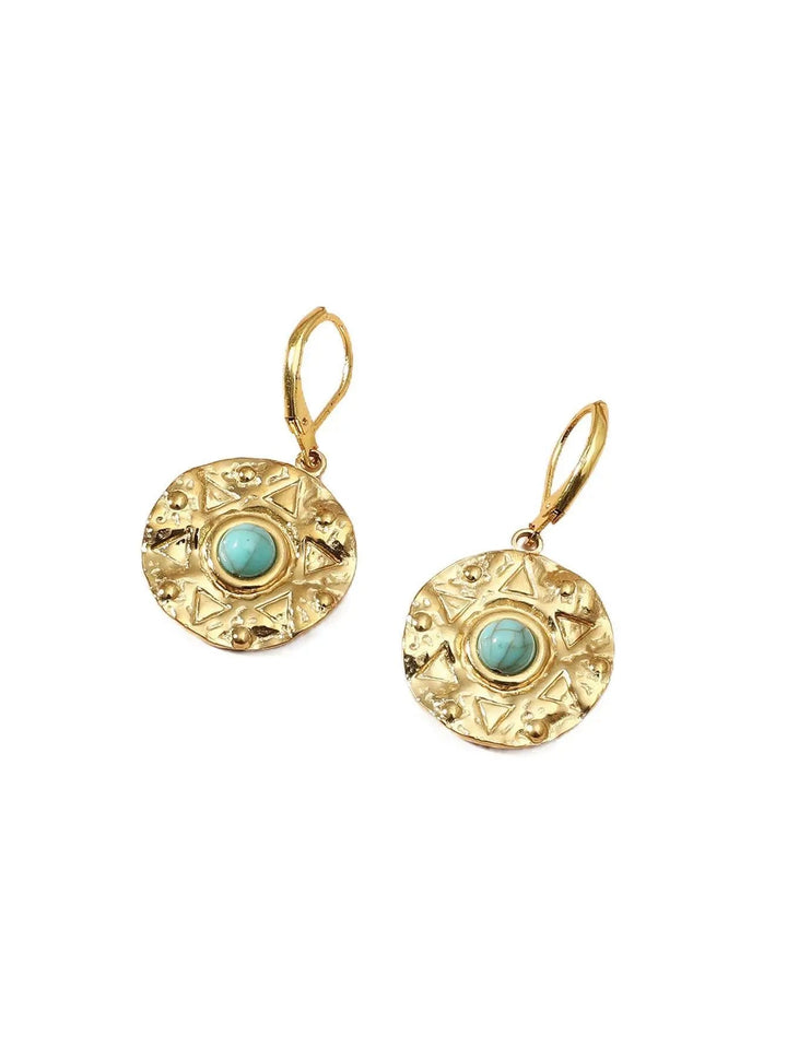 LOVCIA Vintage-Inspired Stainless Steel Compass Coin Earrings with Turquoise Inlay LOVCIA