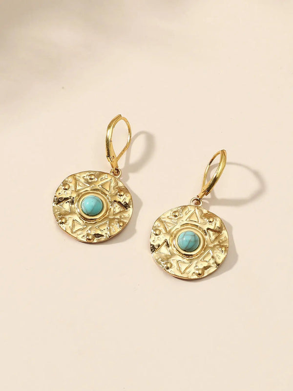 LOVCIA Vintage-Inspired Stainless Steel Compass Coin Earrings with Turquoise Inlay