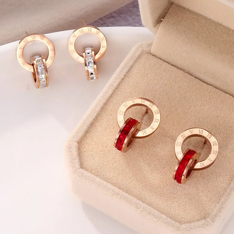 LOVCIA Elegant Roman Numeral Diamond Stud Earrings in Titanium Steel