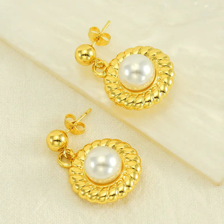 LOVCIA Elegant Sunflower Pearl Earrings - 18K Gold Titanium Steel