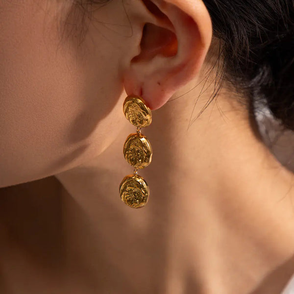 LOVCIA Vintage Textured Gold Coin Drop Earrings - Bold Statement Jewelry for Women