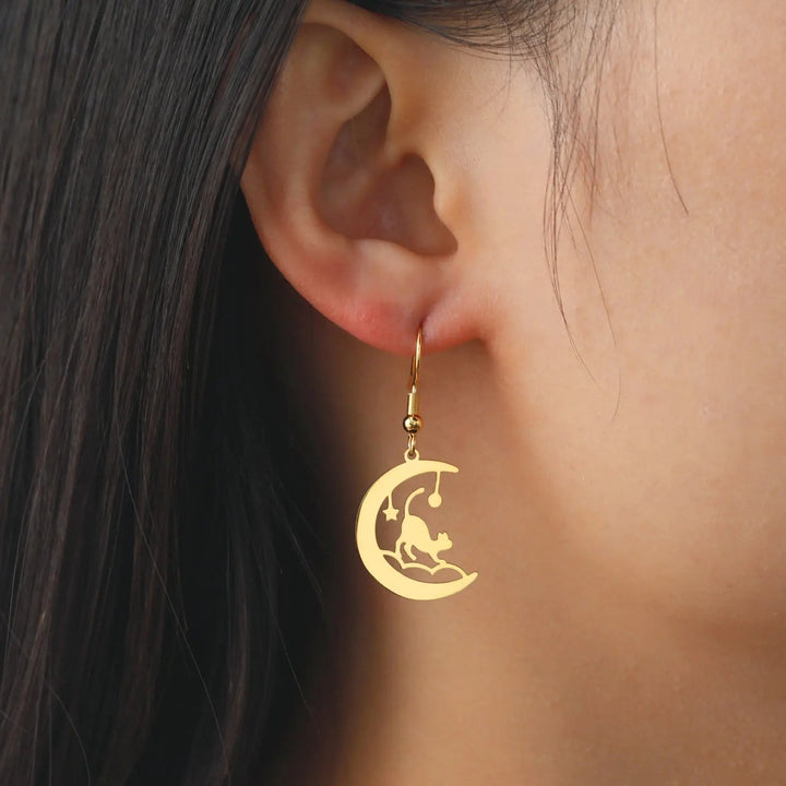 LOVCIA Cat-Themed Unisex Stainless Steel Earrings - Electroplated in Steel & Gold