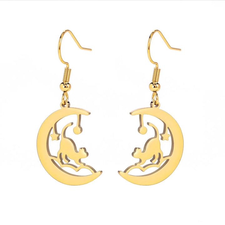 LOVCIA Cat-Themed Unisex Stainless Steel Earrings - Electroplated in Steel & Gold LOVCIA