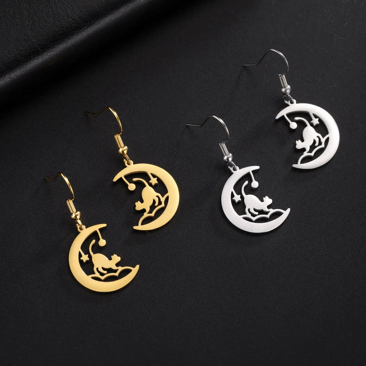 LOVCIA Cat-Themed Unisex Stainless Steel Earrings - Electroplated in Steel & Gold