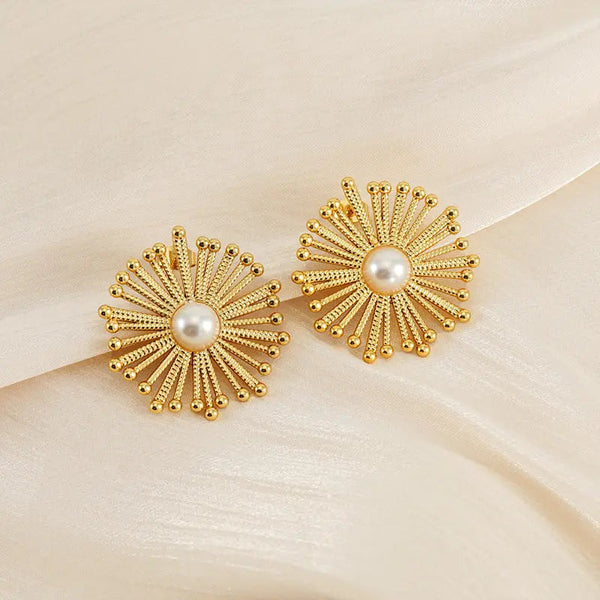 LOVCIA Elegant Gold-Plated Pearl Flower Stud Earrings for Women