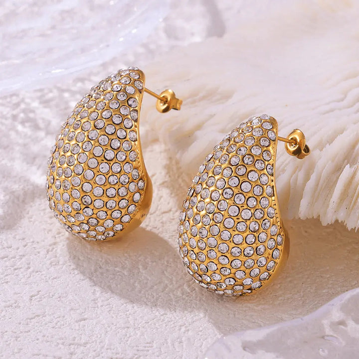 LOVCIA Czech Diamond Pave Gold Water Drop Statement Earrings for Women