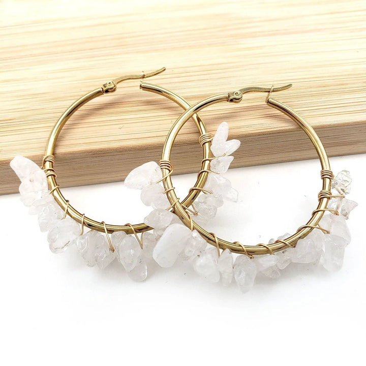 LOVCIA Natural Stone Beaded Boho Chic Gold Plated Large Hoop Earrings for Women