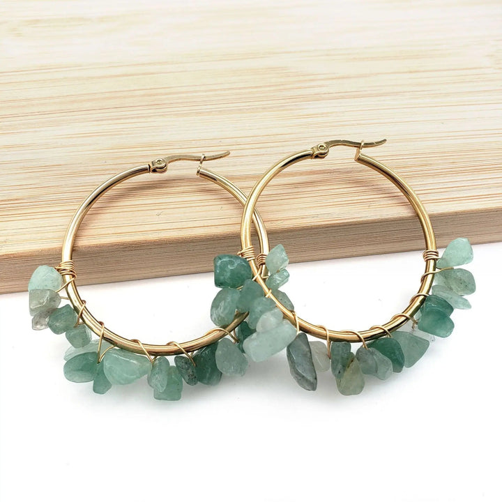 LOVCIA Natural Stone Beaded Boho Chic Gold Plated Large Hoop Earrings for Women