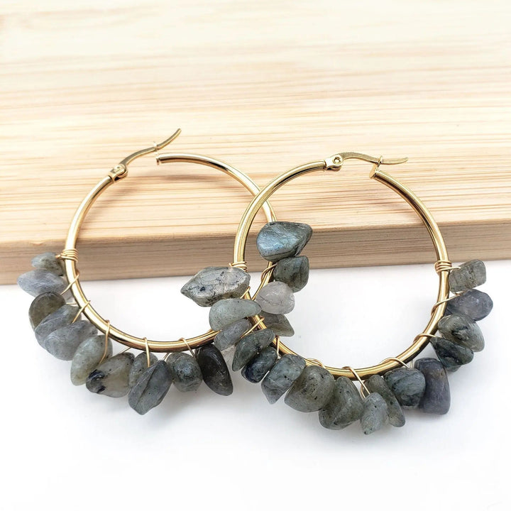 LOVCIA Natural Stone Beaded Boho Chic Gold Plated Large Hoop Earrings for Women