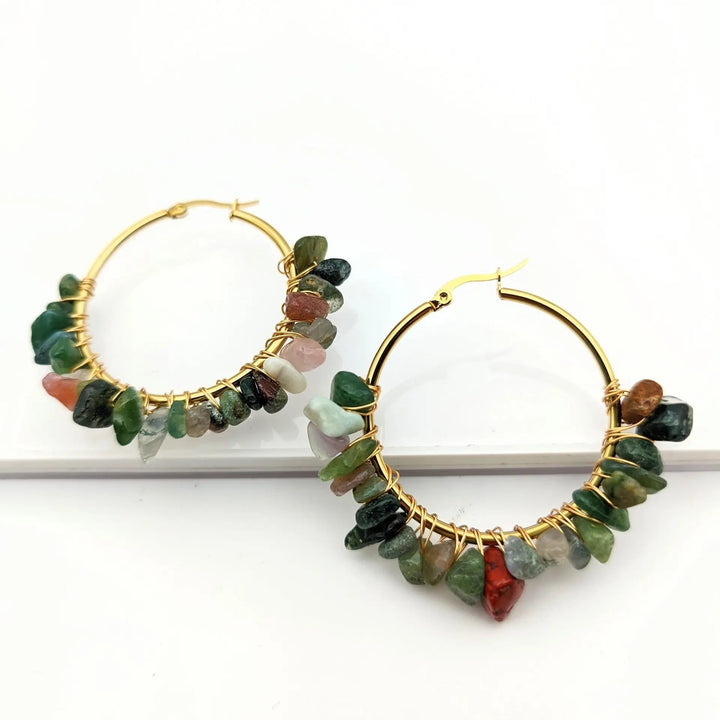 LOVCIA Natural Stone Beaded Boho Chic Gold Plated Large Hoop Earrings for Women LOVCIA