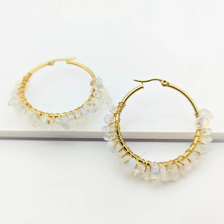 LOVCIA Natural Stone Beaded Boho Chic Gold Plated Large Hoop Earrings for Women LOVCIA