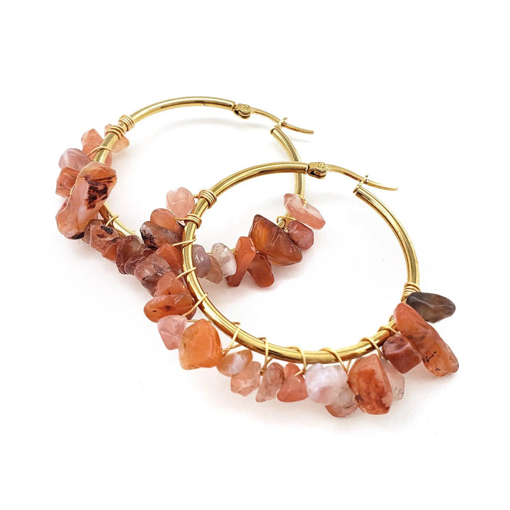 LOVCIA Natural Stone Beaded Boho Chic Gold Plated Large Hoop Earrings for Women