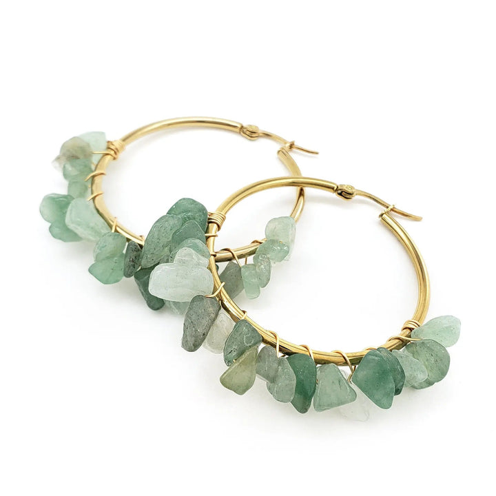 LOVCIA Natural Stone Beaded Boho Chic Gold Plated Large Hoop Earrings for Women