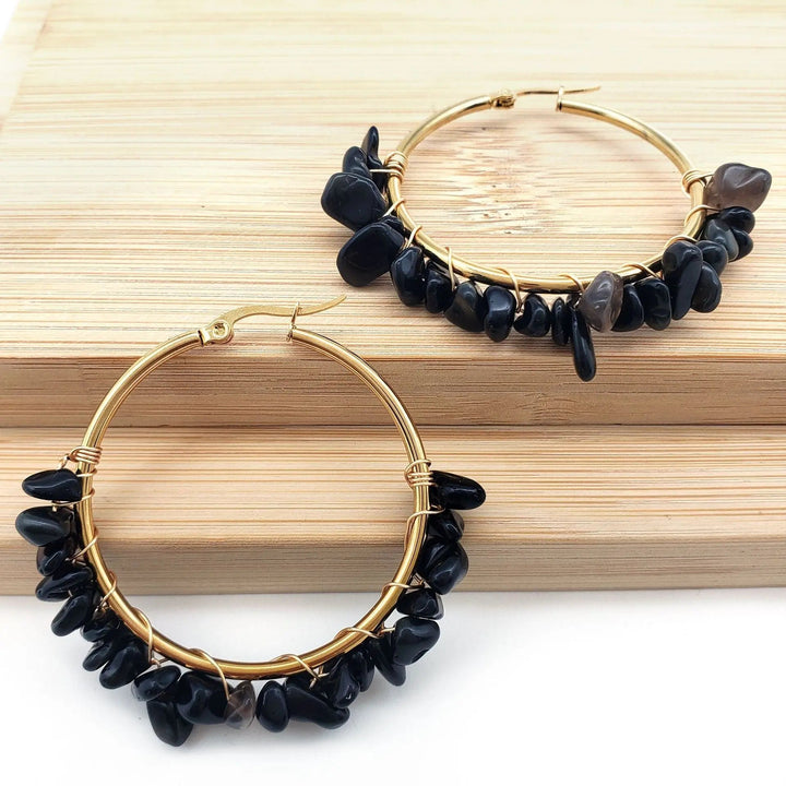 LOVCIA Natural Stone Beaded Boho Chic Gold Plated Large Hoop Earrings for Women