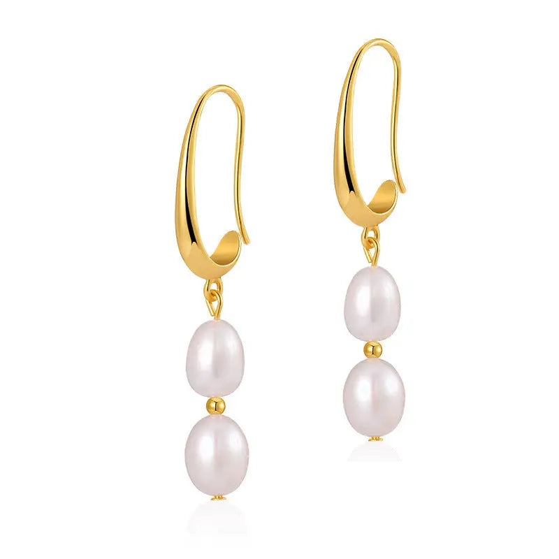 LOVCIA Elegant Geometric Retro 18K Copper Stud Earrings with Pearls for Women LOVCIA