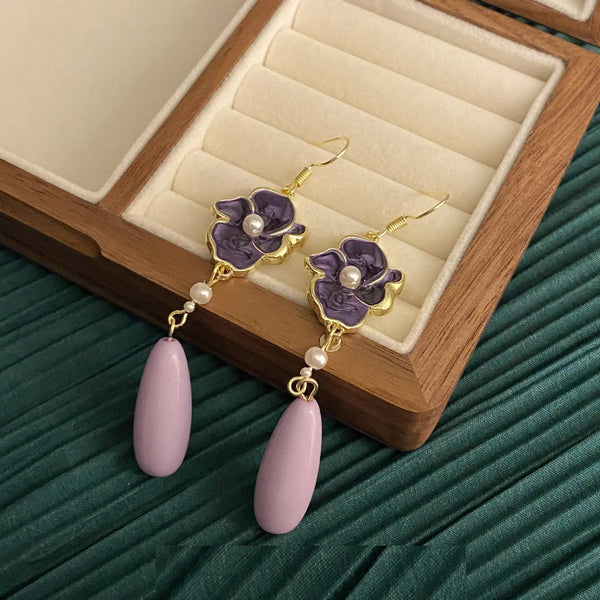 LOVCIA Elegant Rich Purple Floral Pearl Dangle Drop Earrings for Women