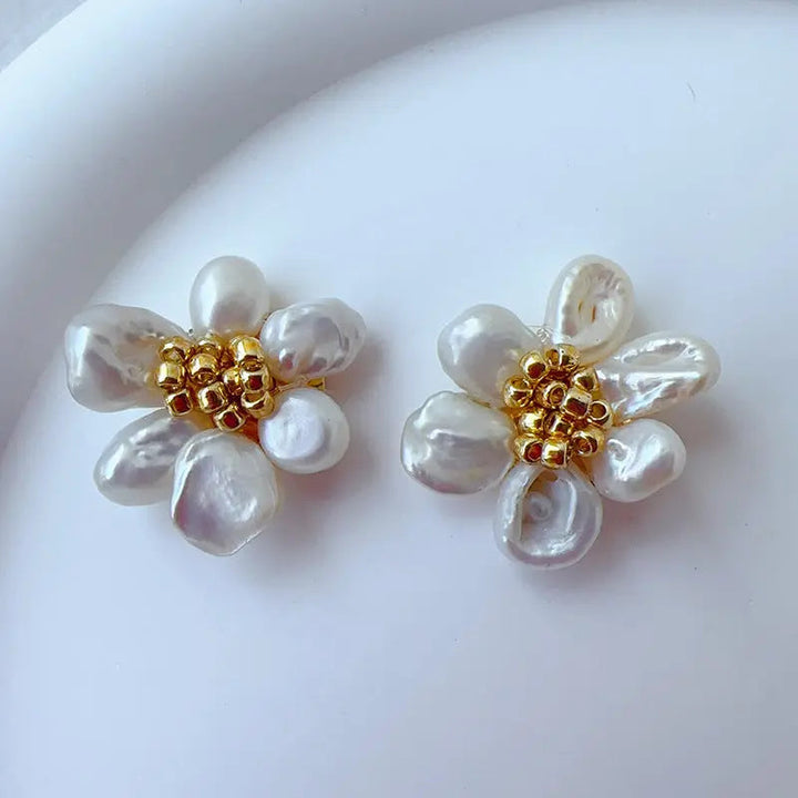 LOVCIA Handmade Natural Baroque Pearl Floral Stud Earrings for Women LOVCIA