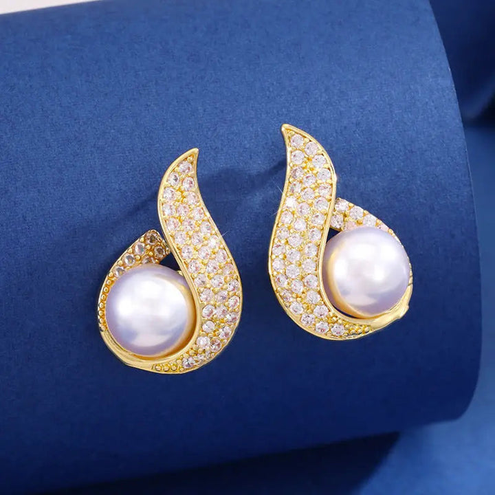 LOVCIA Gold-Plated Pearl Pave Swirl Stud Earrings for Women