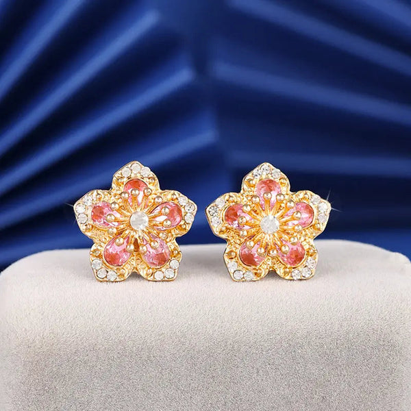 LOVCIA Golden Blossom Vintage-Inspired Pink Crystal Flower Stud Earrings for Women