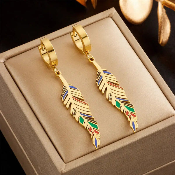 LOVCIA Gold-Plated Titanium Steel Leaf Pendant Earrings for Women