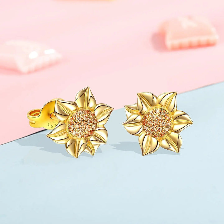 LOVCIA Elegant Sunflower Sterling Silver Diamond Stud Earrings for Women