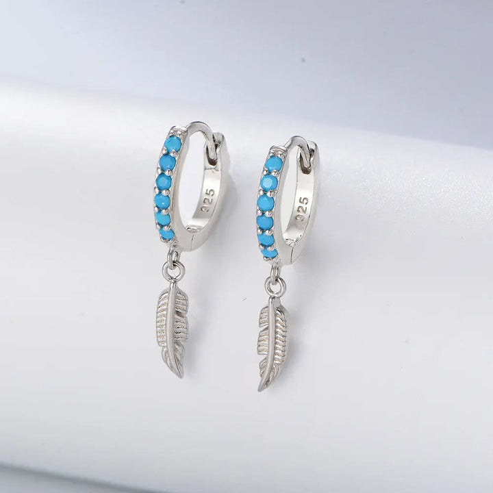 LOVCIA Sterling Silver Feather Drop Earrings with Turquoise Buckle for Women