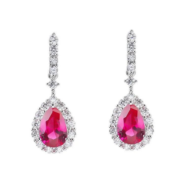 LOVCIA Sterling Silver Water Drop Earrings with Red Corundum and Zircon for Women LOVCIA