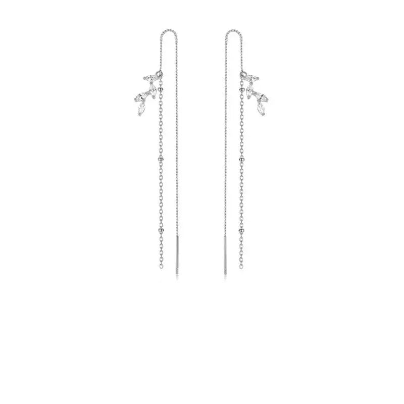 LOVCIA Elegant Long Tassel Sterling Silver Earrings with Floral Design for Women