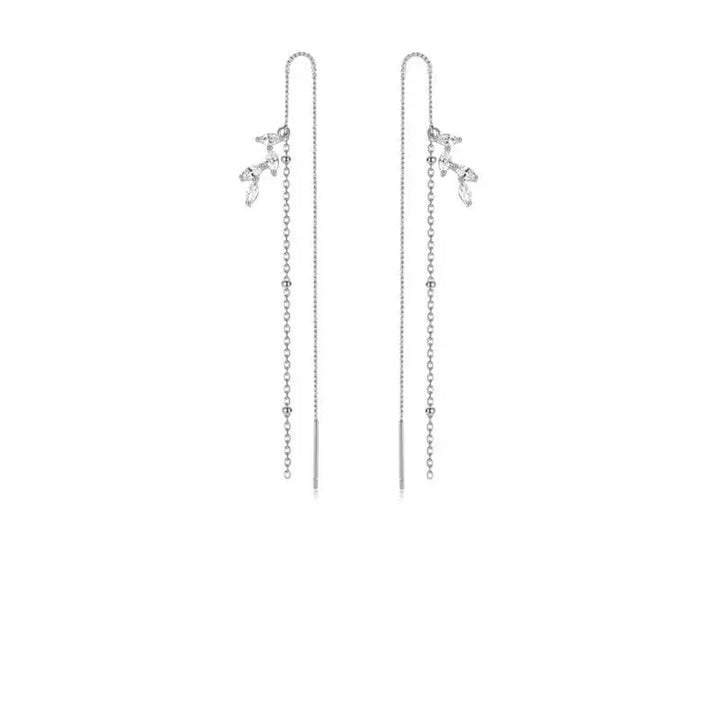 LOVCIA Elegant Long Tassel Sterling Silver Earrings with Floral Design for Women