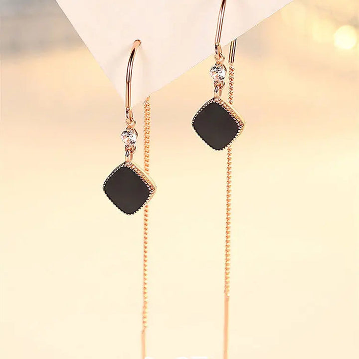 LOVCIA Sterling Silver Black Square Tassel Earrings for Women LOVCIA