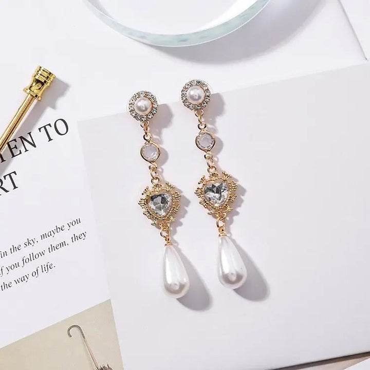 LOVCIA Elegant Contemporary Style Long Pearl and Rhinestone Drop Earrings for Women LOVCIA