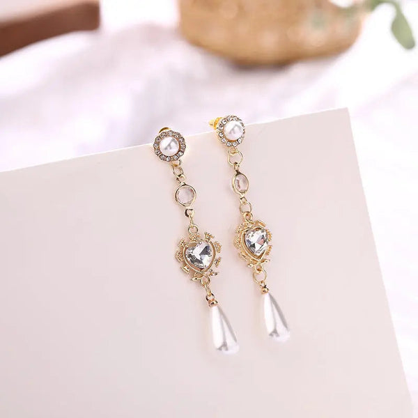 LOVCIA Elegant Contemporary Style Long Pearl and Rhinestone Drop Earrings for Women