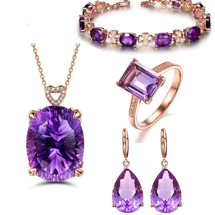 LOVCIA Elegant Amethyst Jewelry Set with Ring, Bracelet, Earrings and Necklace LOVCIA