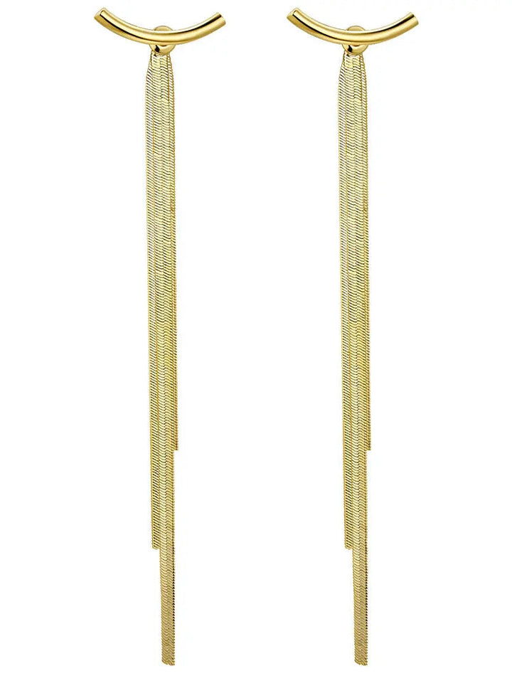 LOVCIA Elegant Long Golden Tassel Earrings with Artificial Gems LOVCIA