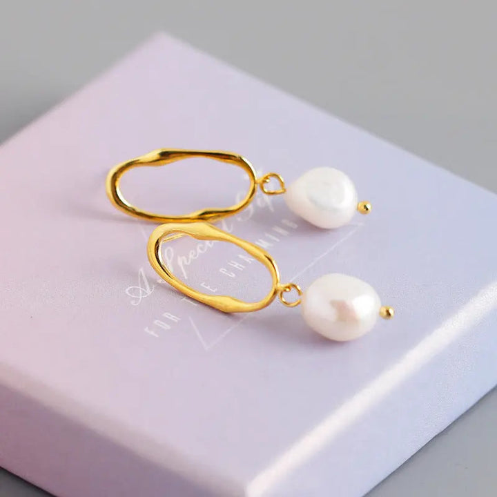 LOVCIA Elegant Baroque Water Pearl Earrings with Geometric Design