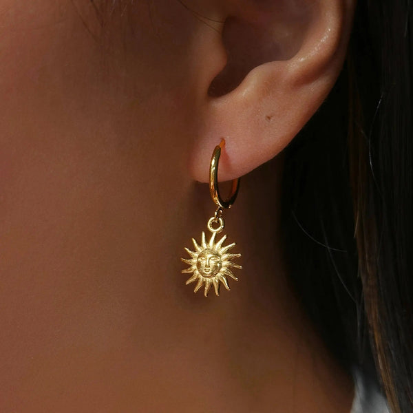 LOVCIA 18K Gold-Plated Titanium Steel Sun & Star Earrings - Retro Luxury for Women