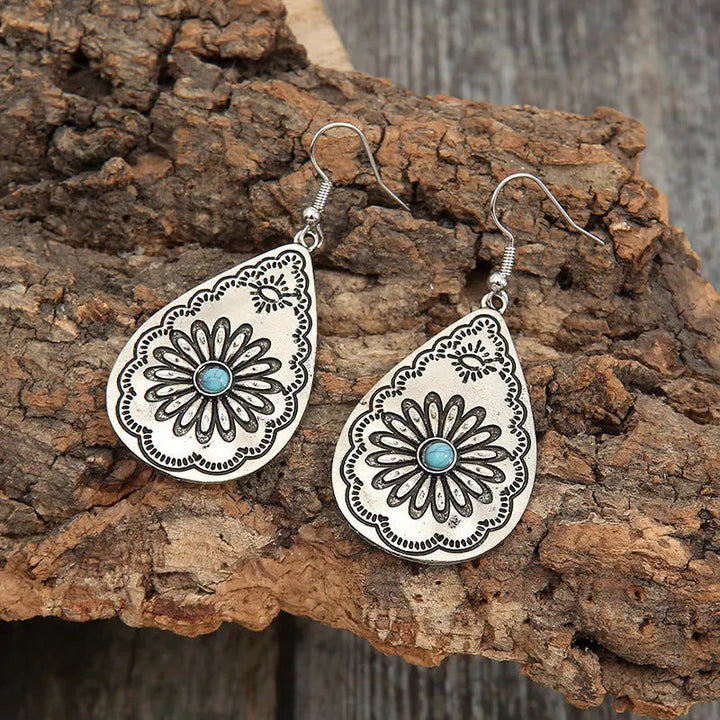 LOVCIA Vintage-Inspired Teardrop Women's Earrings with Sunflower Turquoise Carving in Silver LOVCIA