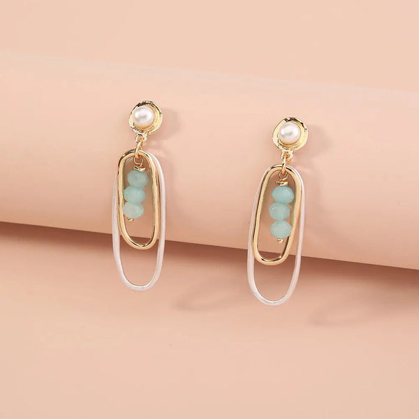 LOVCIA Elegant Double-Layer Silver Oval Earrings with Natural Green Agate Geometry