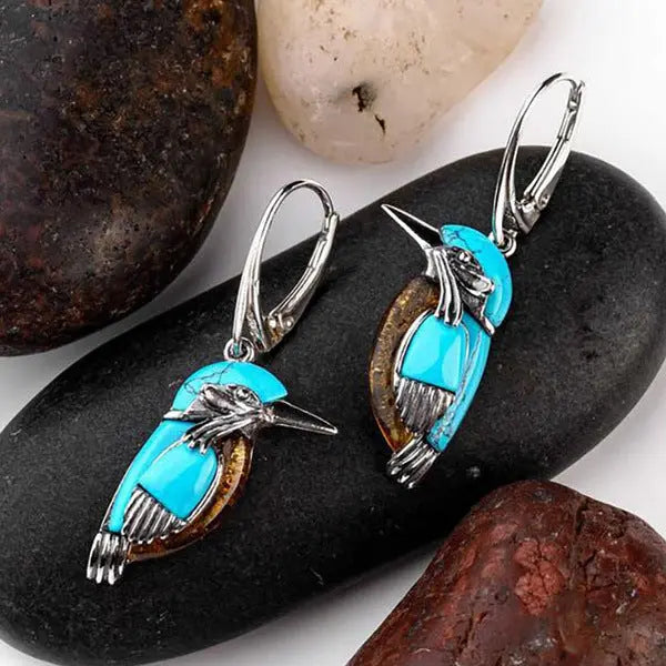 LOVCIA Antique Silver Turquoise Bird Earrings for Women